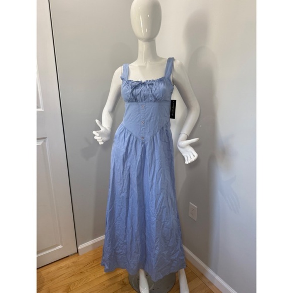 Derek Heart Women's Blue Cotton Maxi Dress Bow Front Smocked Back Sleeveless M - Picture 8 of 10